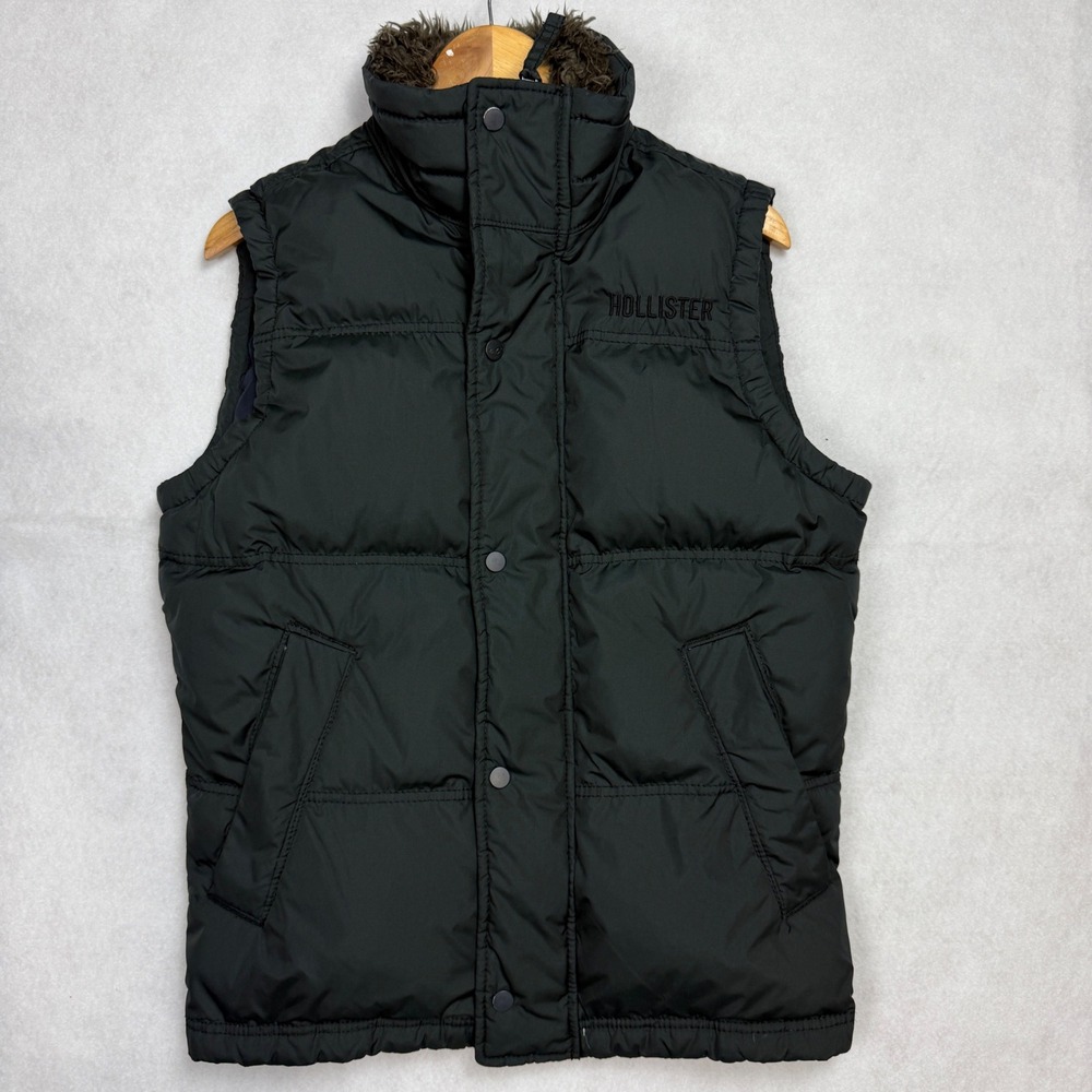 Hollister Y2K Mens Black Puffer Vest Faux Fur Collar Size S Full Zip Snap Preppy